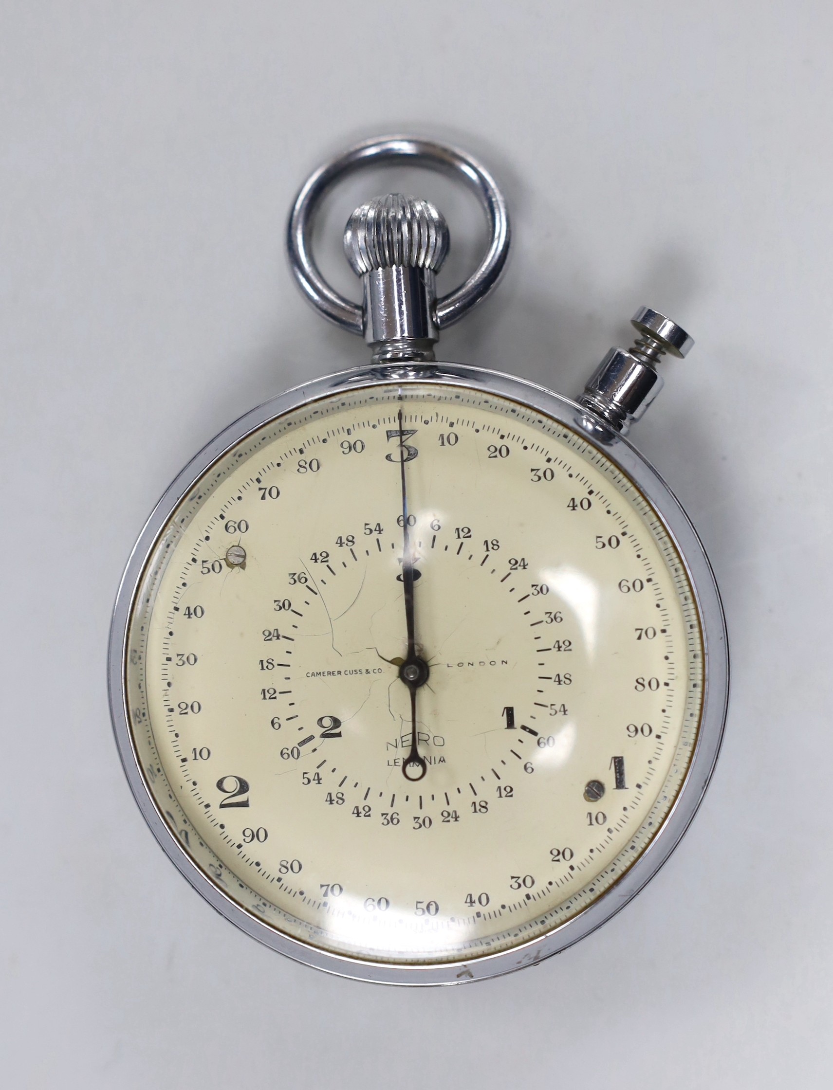 A mid 20th century? chromium cased Lemonia Nero stop watch, retailed by Camerer Cuss & Co, London, case diameter 64mm(a.f.).